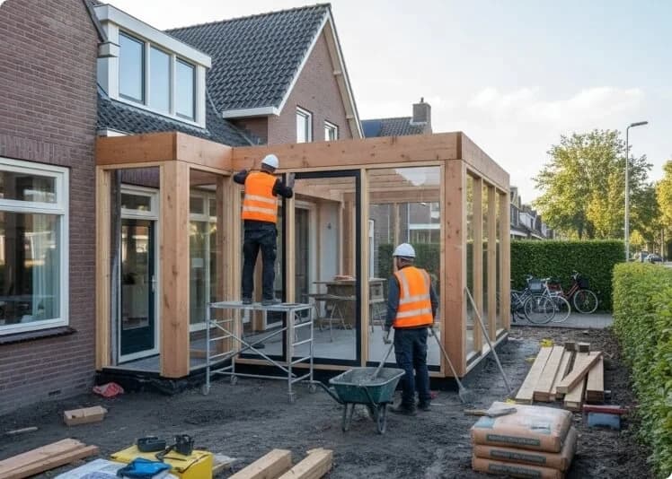 Houtskeletbouw werkzaamheden aan aanbouw